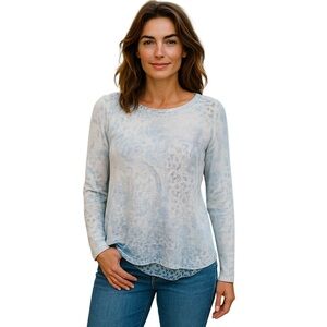 Sioni Women Sweater Large White Blue Pullover LS Tunic Top Animal Print Office